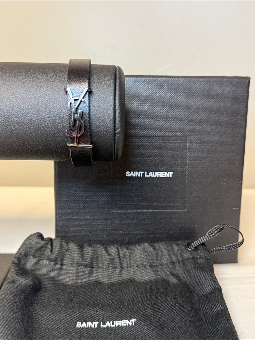 Saint Laurent YSL Opyum Leather Bracelet Black Silver Tone Size 16cm